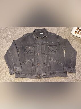 Mens Wrangler Black Washed Denim Jacket with embroidered back